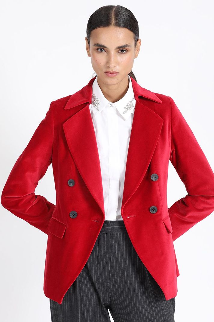 Blazer Con Entalle Cruzado Terciopelo Rojo Liola-0