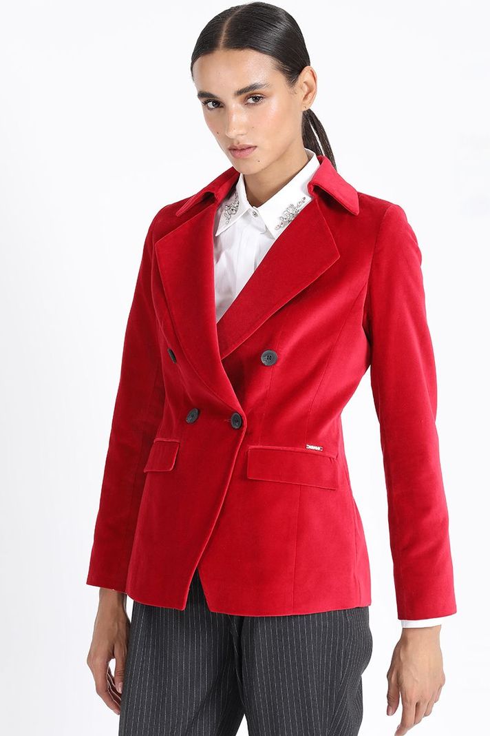 Blazer Con Entalle Cruzado Terciopelo Rojo Liola-3