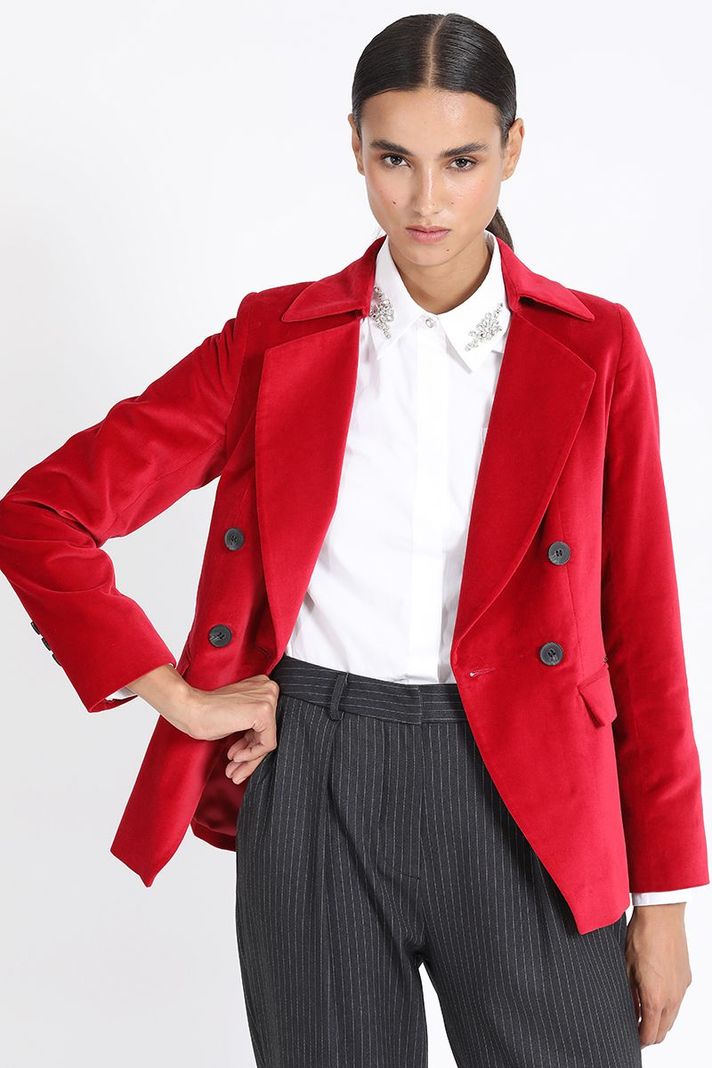 Blazer Con Entalle Cruzado Terciopelo Rojo Liola-4