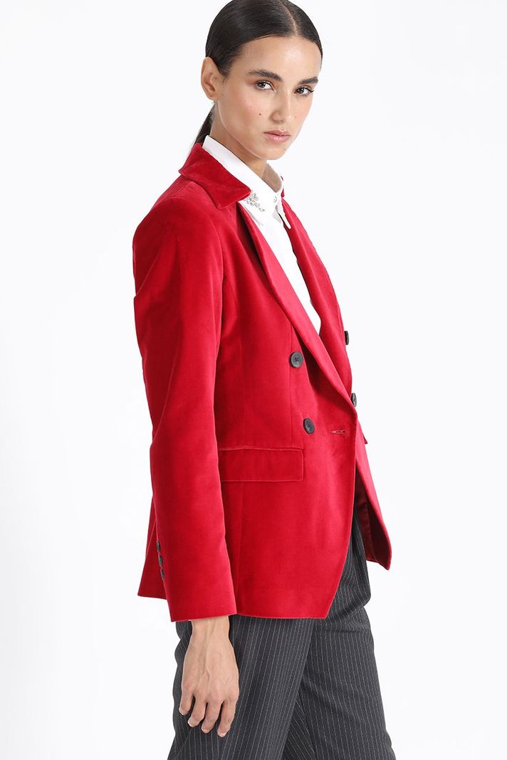Blazer Con Entalle Cruzado Terciopelo Rojo Liola-5