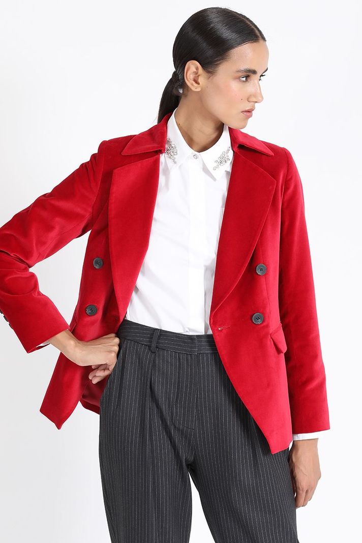 Blazer Con Entalle Cruzado Terciopelo Rojo Liola-6