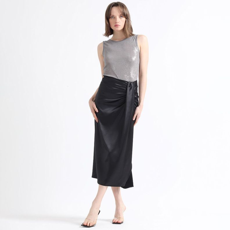 Falda Midi Cruce Asimetrico, Satin Negro Liola-1