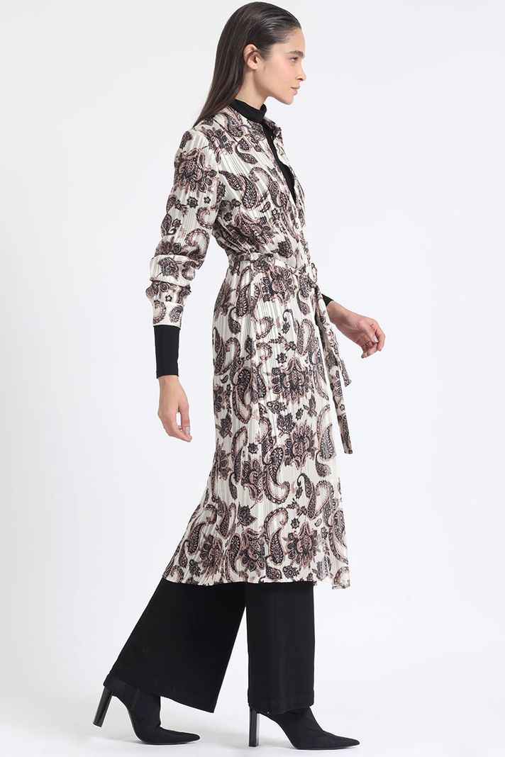 Camisa Larga Satin Estampado Fantasia Paisley, Beige Liola-0