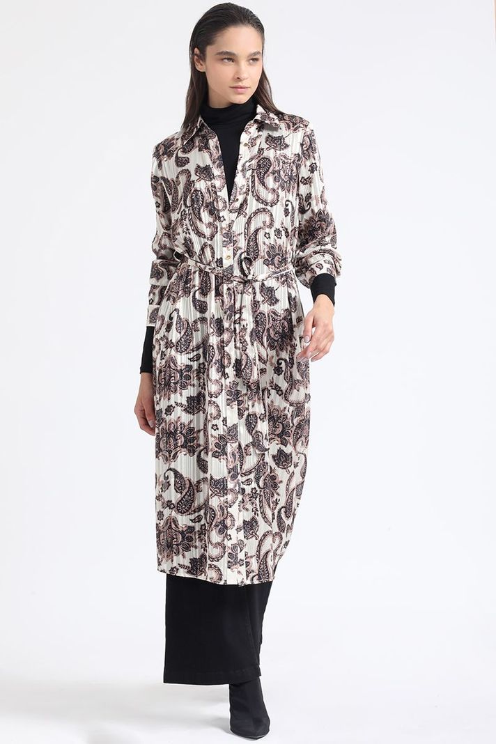 Camisa Larga Satin Estampado Fantasia Paisley, Beige Liola-1