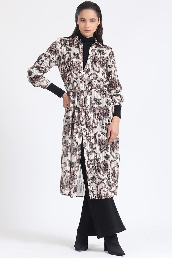 Camisa Larga Satin Estampado Fantasia Paisley, Beige Liola-2