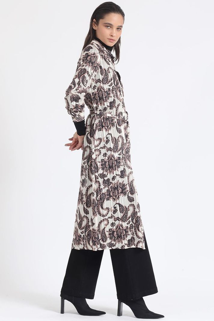 Camisa Larga Satin Estampado Fantasia Paisley, Beige Liola-3