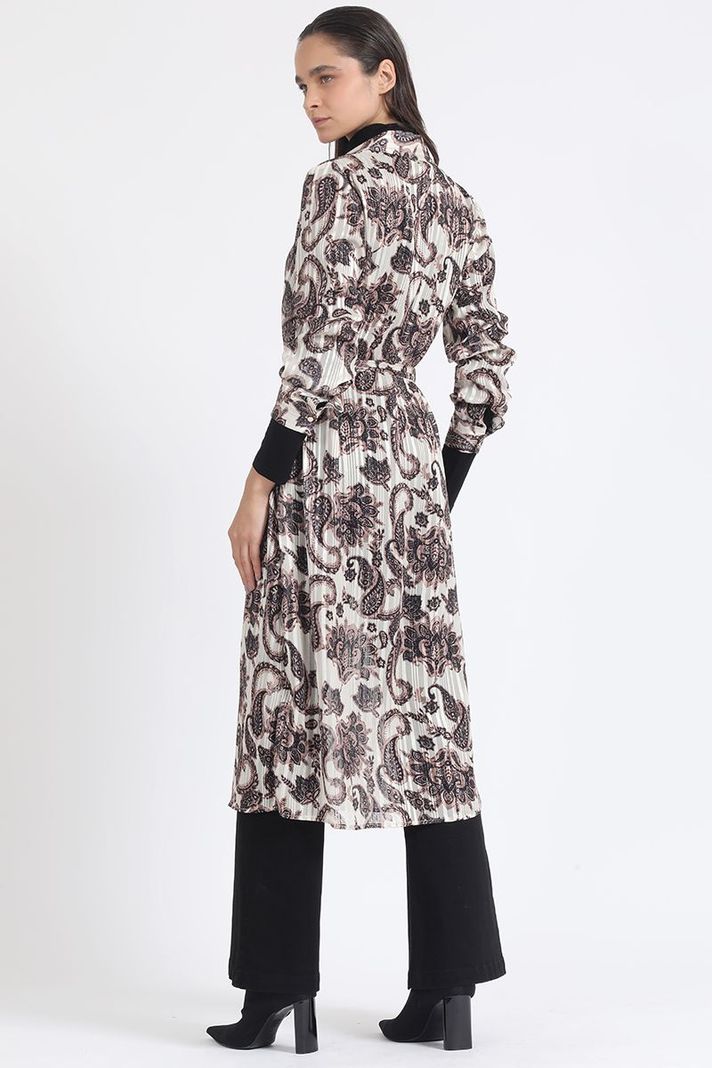 Camisa Larga Satin Estampado Fantasia Paisley, Beige Liola-4