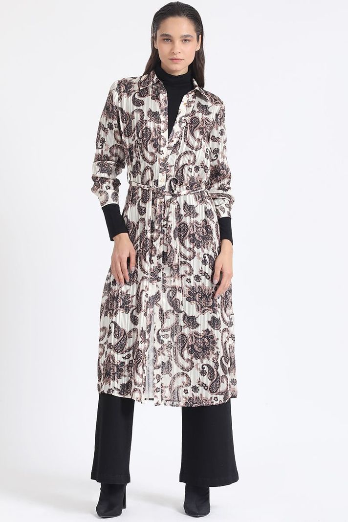 Camisa Larga Satin Estampado Fantasia Paisley, Beige Liola-5
