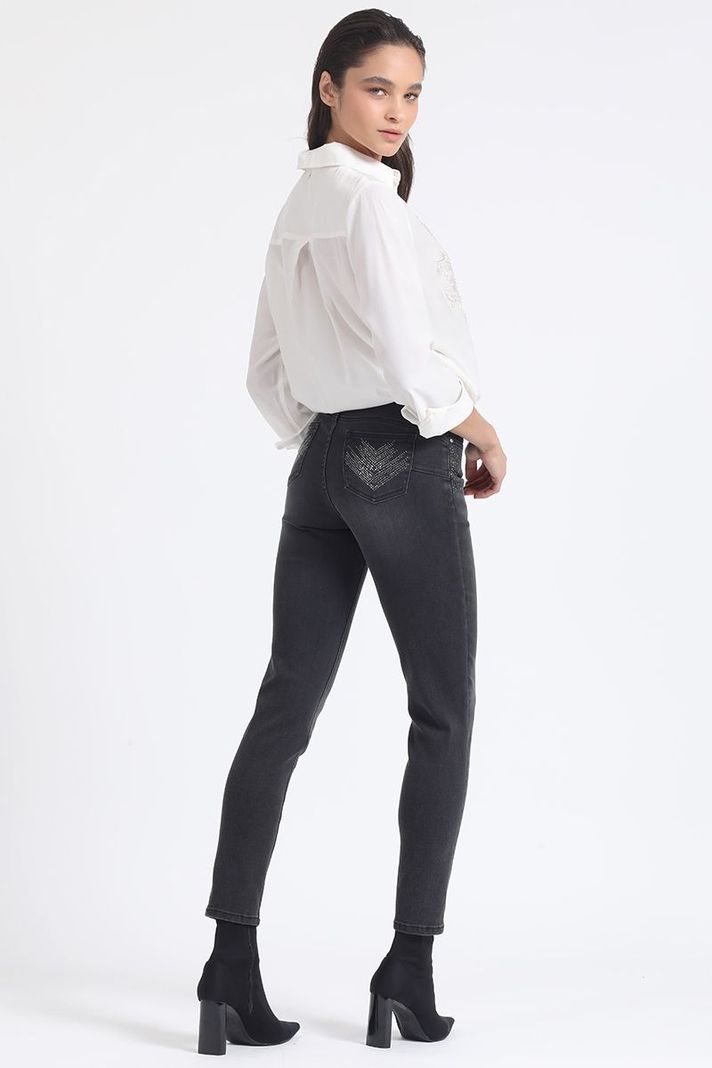 Jeans Skinny Push-Up Brillos, Tiro Medio, Negro Liola-4