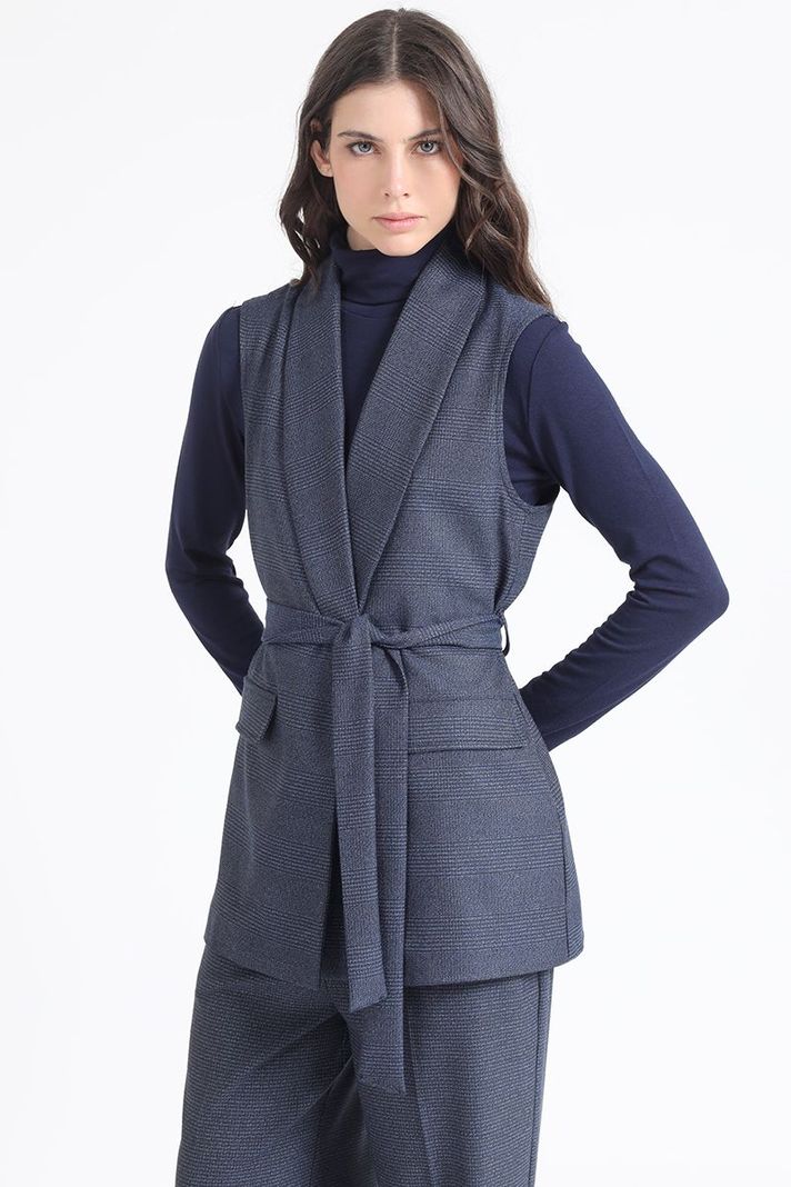 Chaqueta Larga Sin Mangas, Principe De Gales, Azul, Liola-4