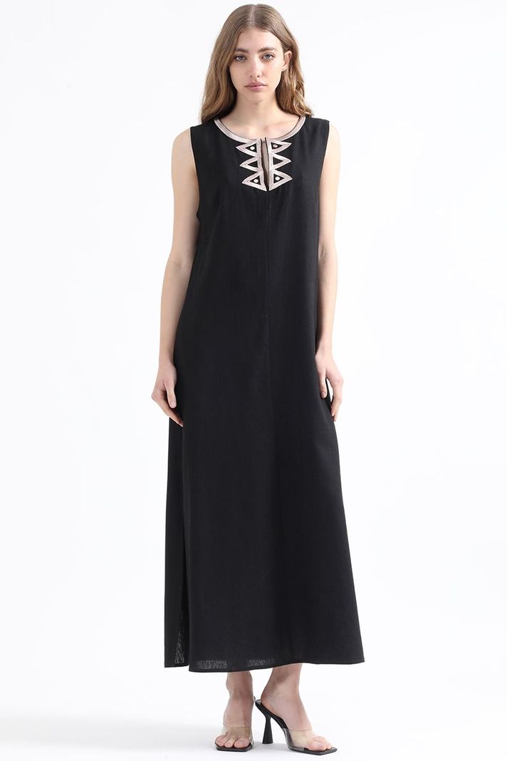 Vestido Maxi Con Lino, Bordado, Negro Liola-1
