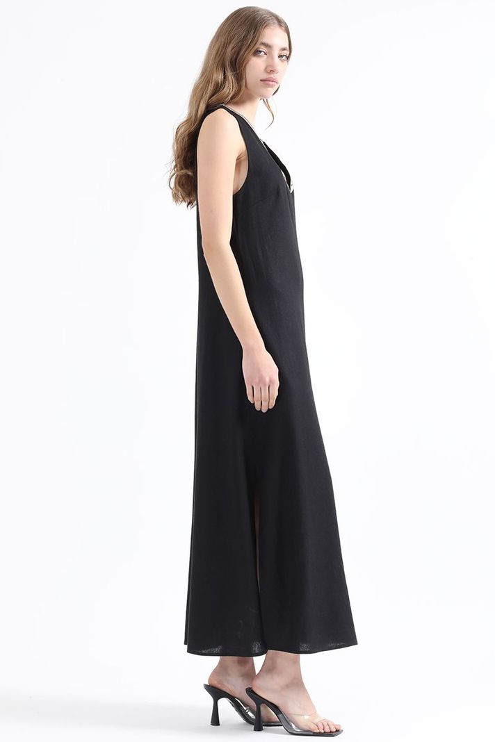 Vestido Maxi Con Lino, Bordado, Negro Liola-3