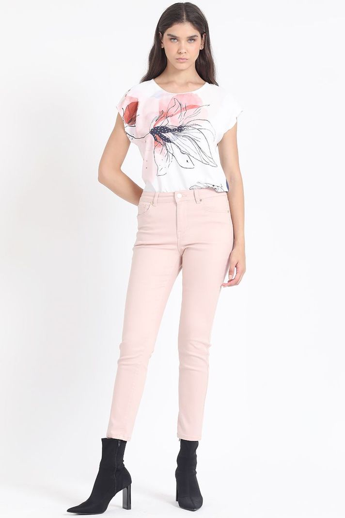 Jeans Skinny Color, Tiro Medio, Con Bordado, Rosa Liola-0