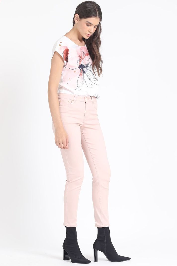 Jeans Skinny Color, Tiro Medio, Con Bordado, Rosa Liola-3