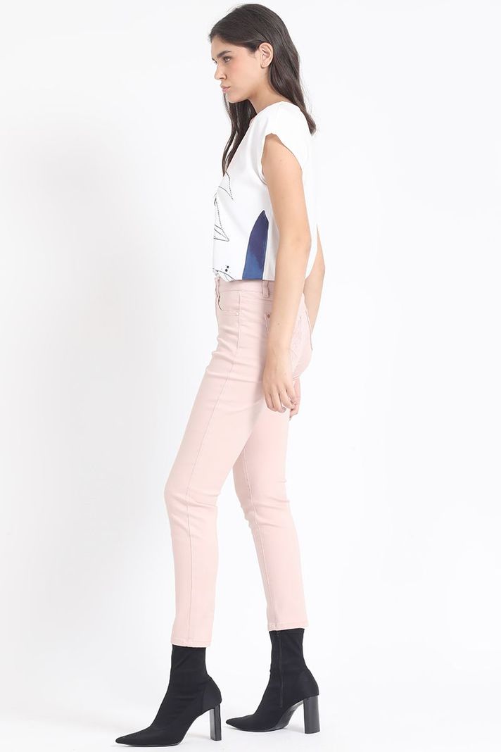 Jeans Skinny Color, Tiro Medio, Con Bordado, Rosa Liola-4
