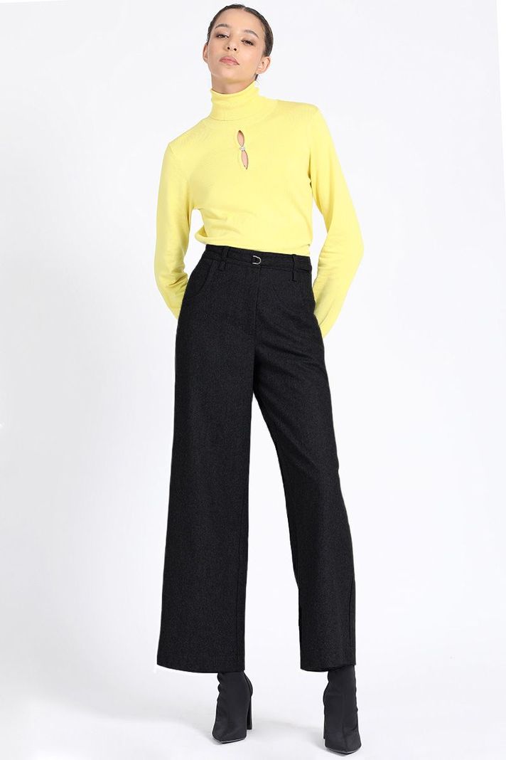 Pantalon Ancho, Tiro Medio Con Cinturon, Negro Liola-0