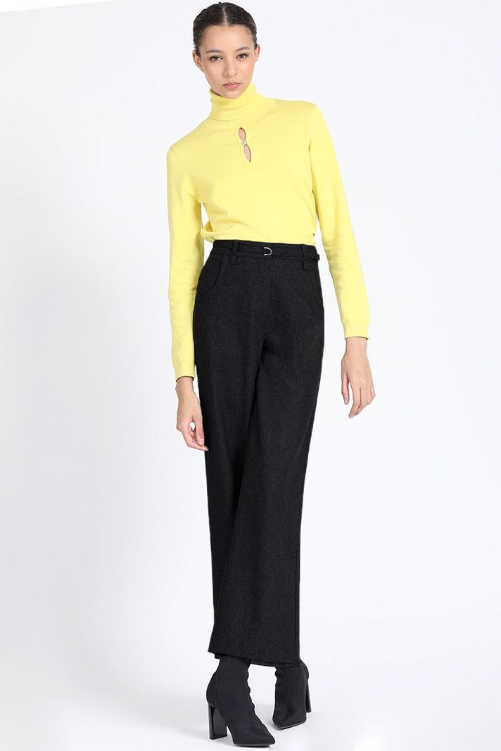 Pantalon Ancho, Tiro Medio Con Cinturon, Negro Liola-1