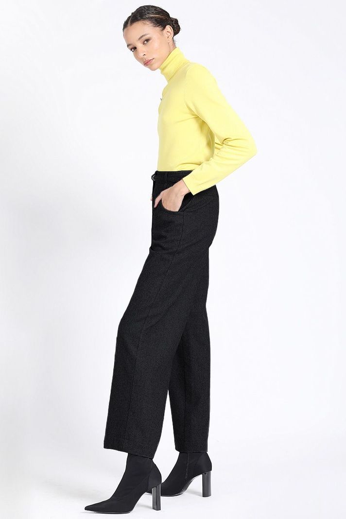 Pantalon Ancho, Tiro Medio Con Cinturon, Negro Liola-5