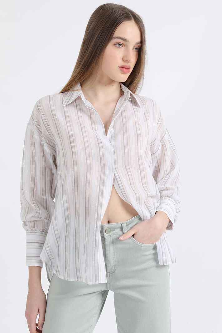Camisa Listada Fantasia Hilo Metalizado, Beige Liola-0