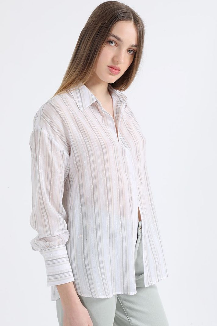 Camisa Listada Fantasia Hilo Metalizado, Beige Liola-2