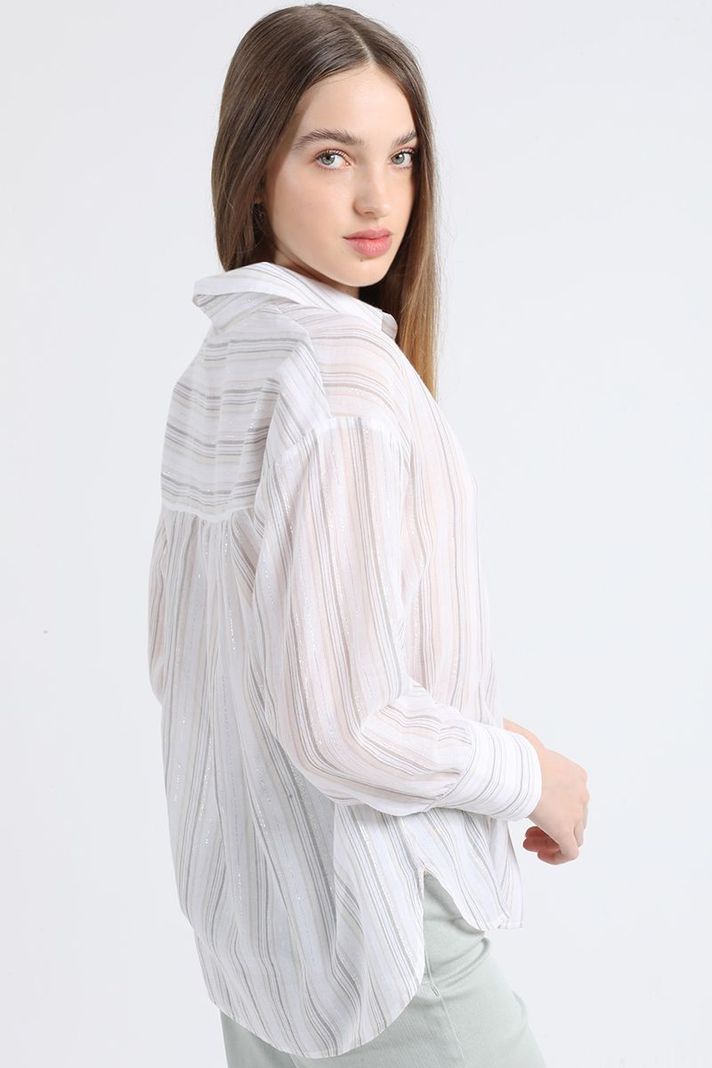 Camisa Listada Fantasia Hilo Metalizado, Beige Liola-3