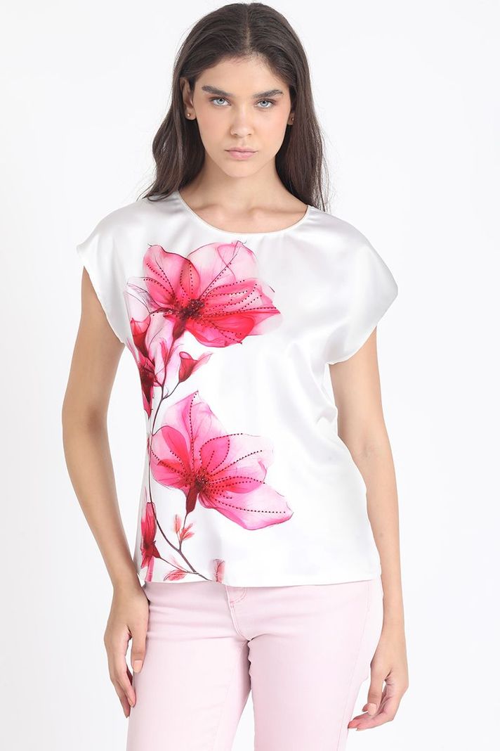 Polera Con Satin, Flor Fucsia, Crudo Liola-0