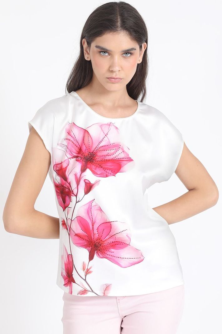 Polera Con Satin, Flor Fucsia, Crudo Liola-2