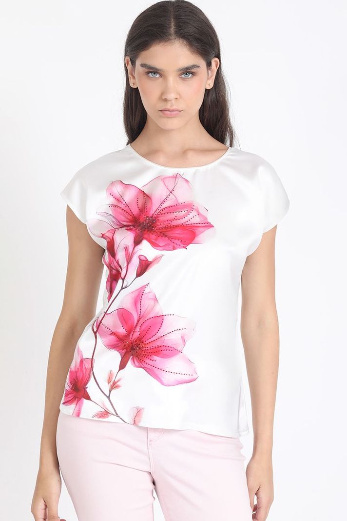 Polera Con Satin, Flor Fucsia, Crudo Liola-3