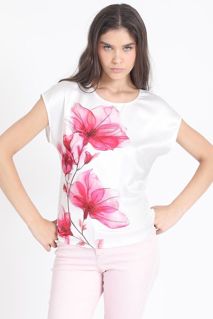 Polera Con Satin, Flor Fucsia, Crudo Liola-4