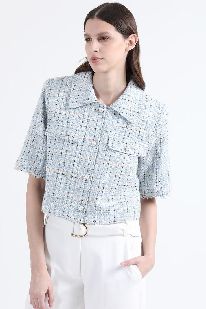 Chaqueta Cropped Tweed Fantasia Con Lurex, Azul Liola-0