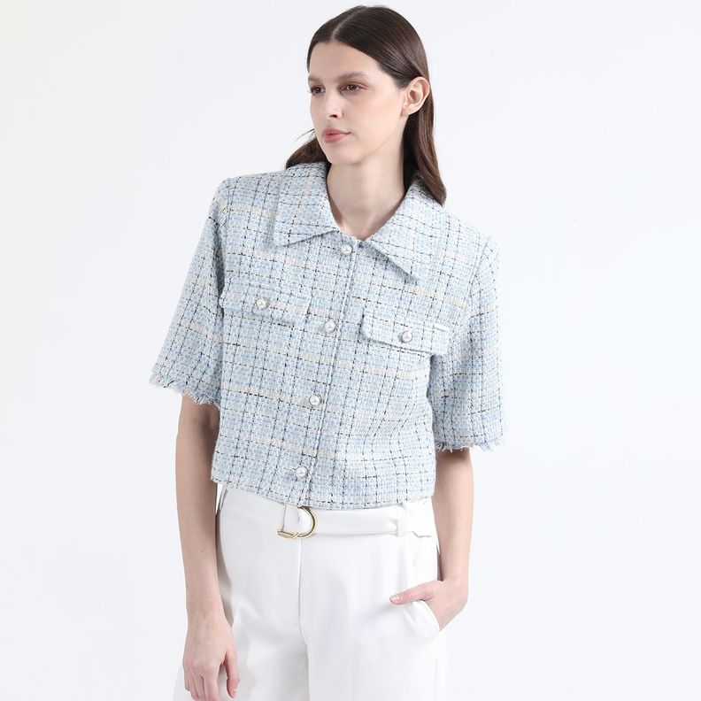 Chaqueta Cropped Tweed Fantasia Con Lurex, Azul Liola-1