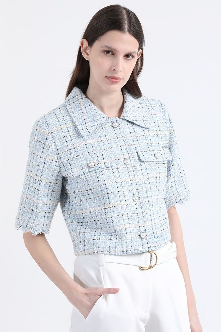 Chaqueta Cropped Tweed Fantasia Con Lurex, Azul Liola-3