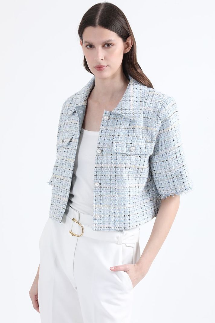 Chaqueta Cropped Tweed Fantasia Con Lurex, Azul Liola-4