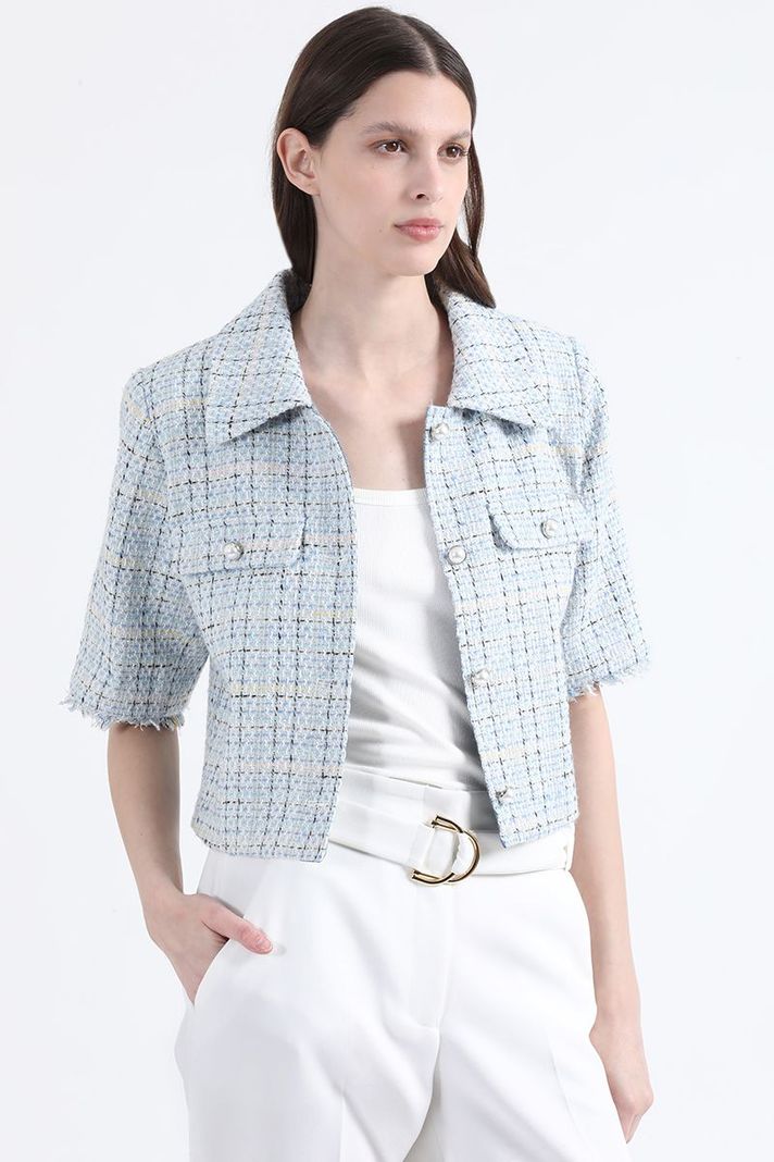 Chaqueta Cropped Tweed Fantasia Con Lurex, Azul Liola-5