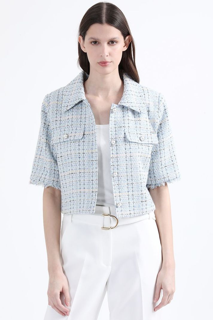 Chaqueta Cropped Tweed Fantasia Con Lurex, Azul Liola-6