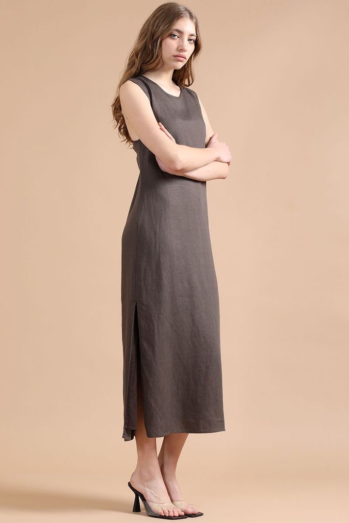 Vestido Midi Lino Lyocell, Cruce Espalda, Chocolate Liola-0