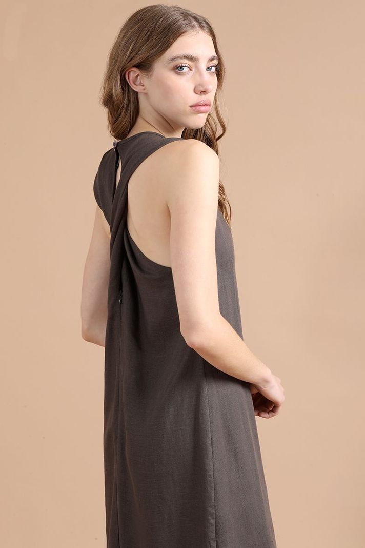 Vestido Midi Lino Lyocell, Cruce Espalda, Chocolate Liola-3