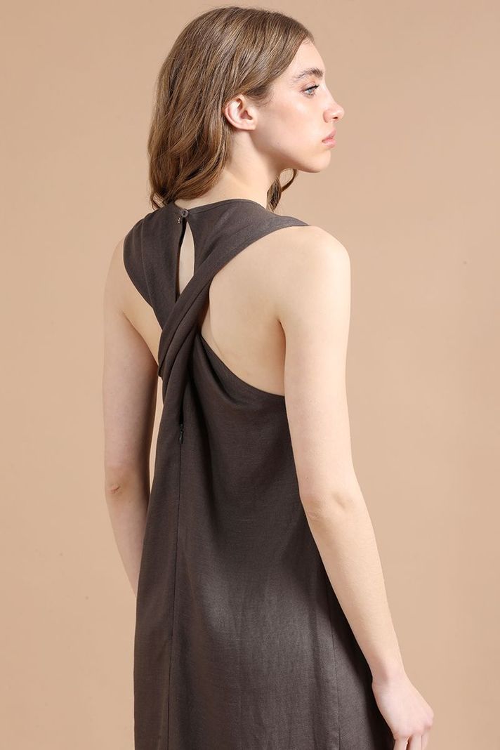 Vestido Midi Lino Lyocell, Cruce Espalda, Chocolate Liola-4