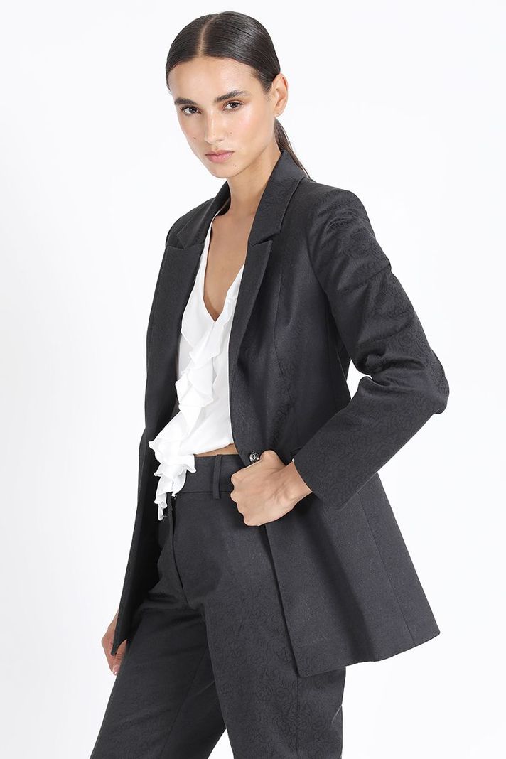 Blazer Largo Entallado Jacquard Negro Liola-0