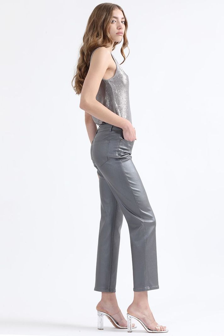 Pantalon Slim Tiro Medio, Metalizado, Gris Liola-1