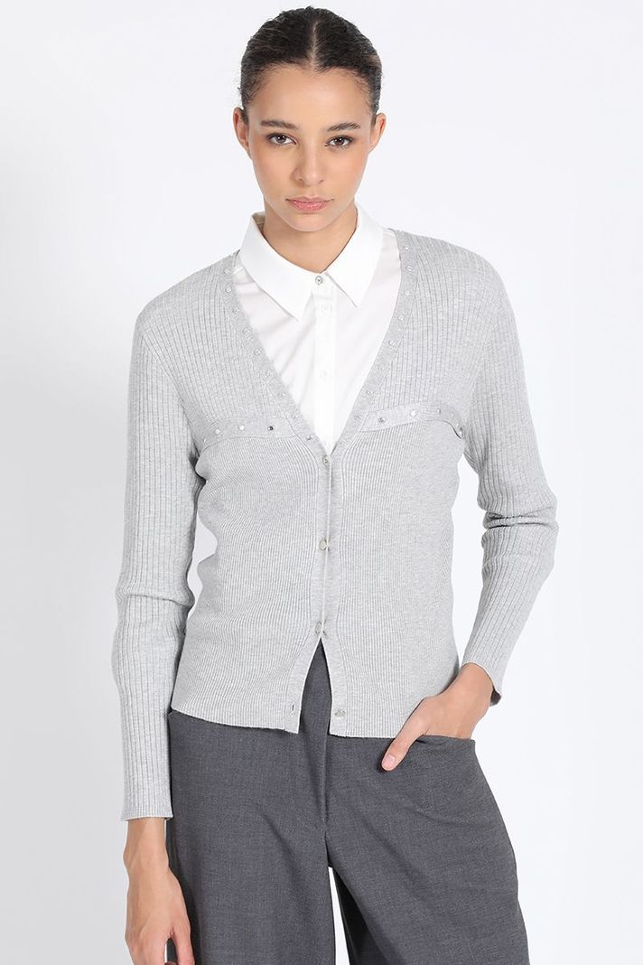 Cardigan Tejido Punto Remaches, Gris Liola-0