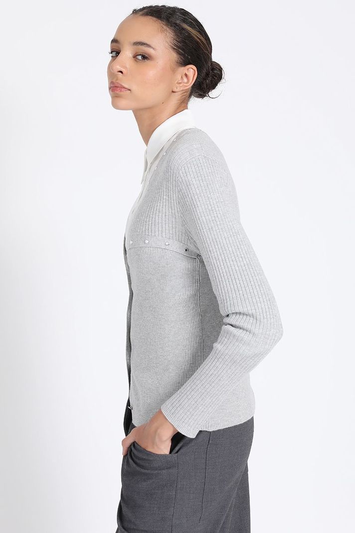 Cardigan Tejido Punto Remaches, Gris Liola-1