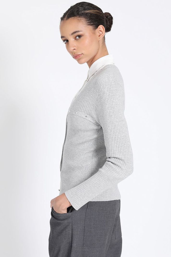 Cardigan Tejido Punto Remaches, Gris Liola-3