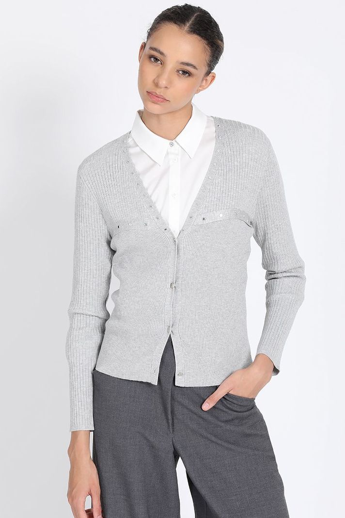 Cardigan Tejido Punto Remaches, Gris Liola-4