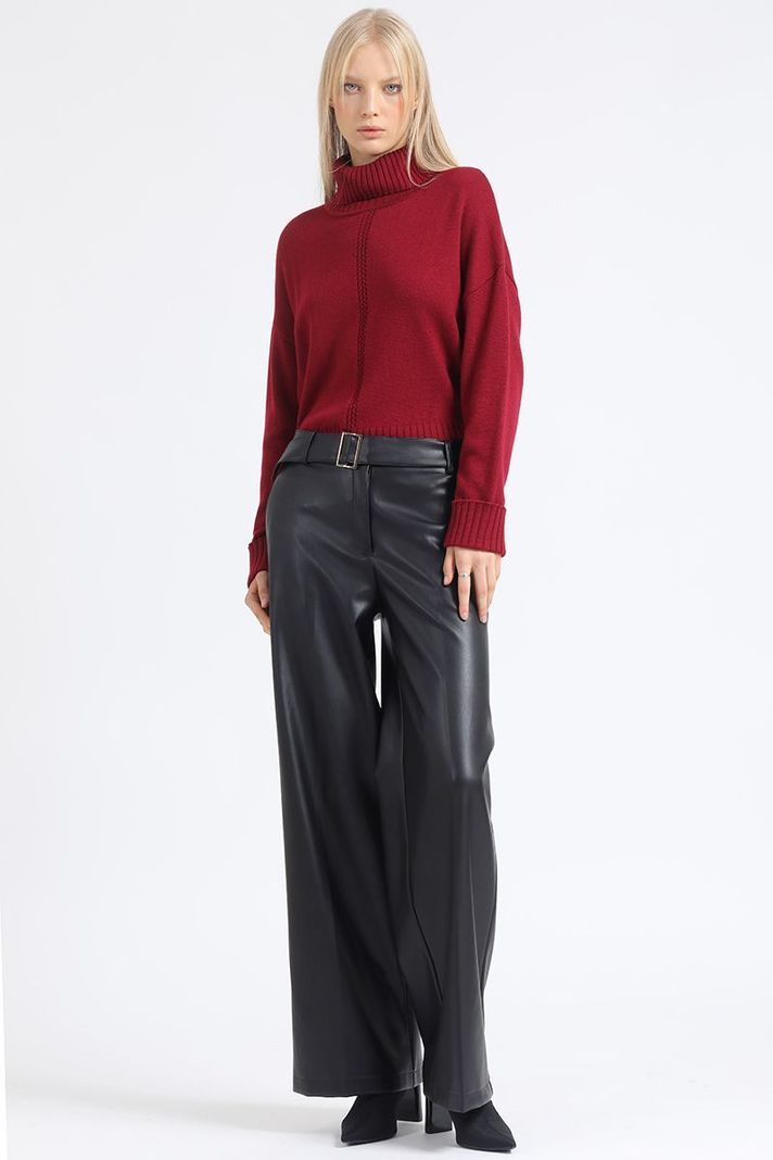 Pantalon Ancho, Con Cinturon, Efecto Cuero, Negro Liola-0