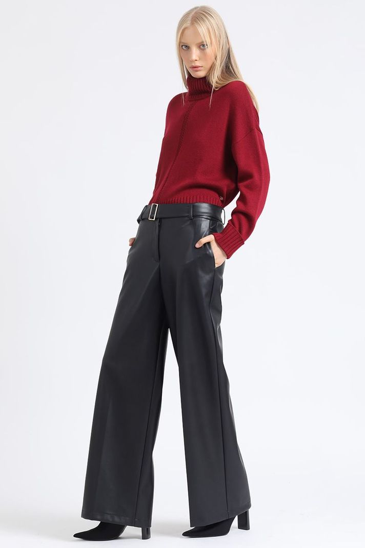 Pantalon Ancho, Con Cinturon, Efecto Cuero, Negro Liola-1