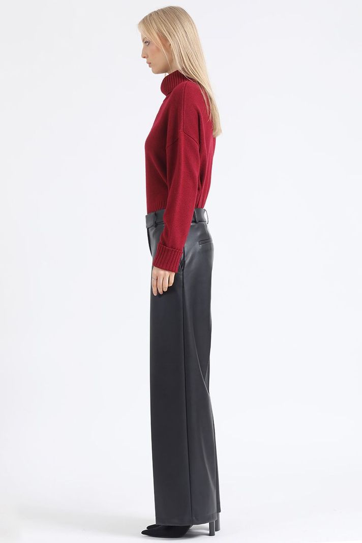 Pantalon Ancho, Con Cinturon, Efecto Cuero, Negro Liola-2