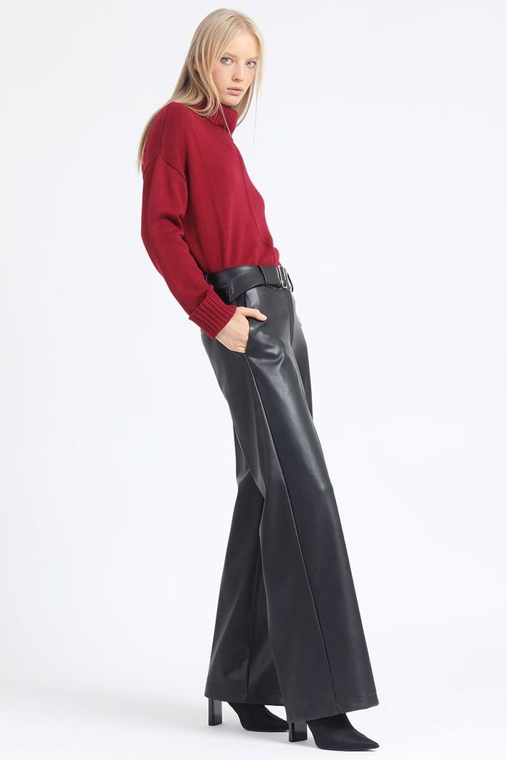 Pantalon Ancho, Con Cinturon, Efecto Cuero, Negro Liola-3