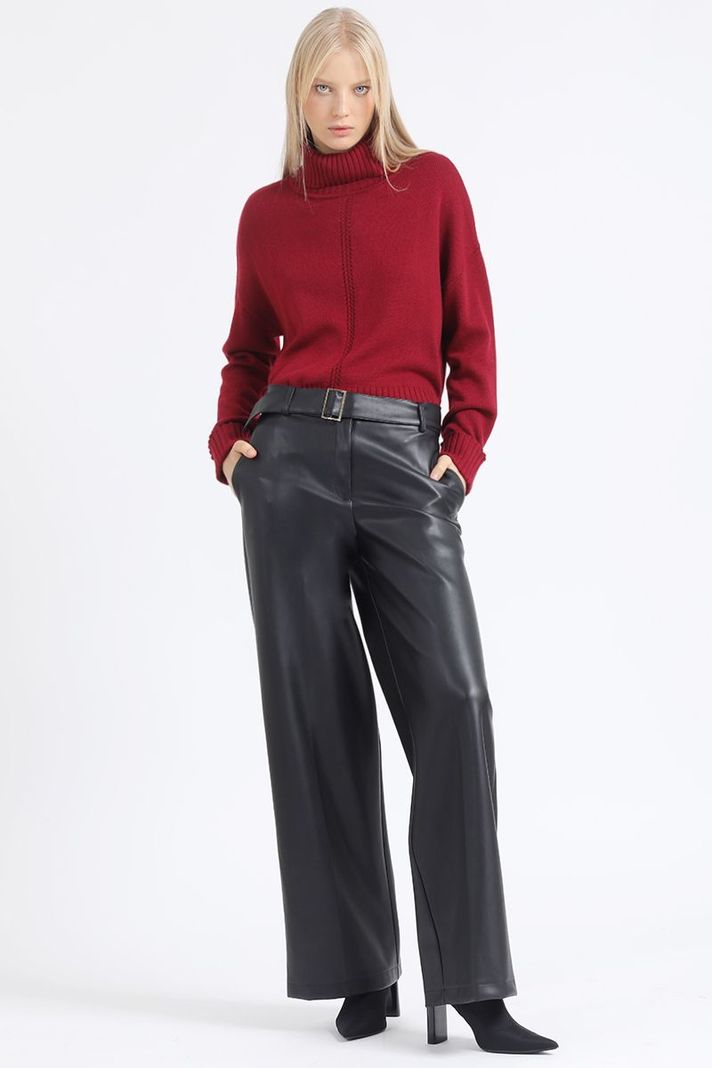 Pantalon Ancho, Con Cinturon, Efecto Cuero, Negro Liola-4
