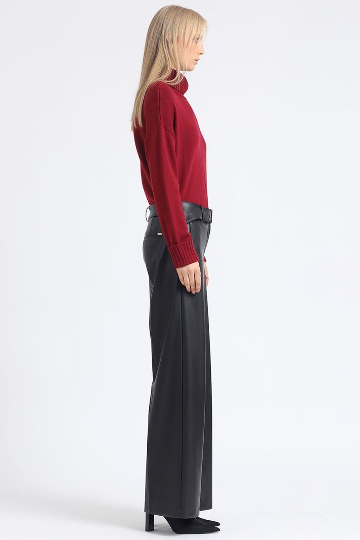 Pantalon Ancho, Con Cinturon, Efecto Cuero, Negro Liola-5